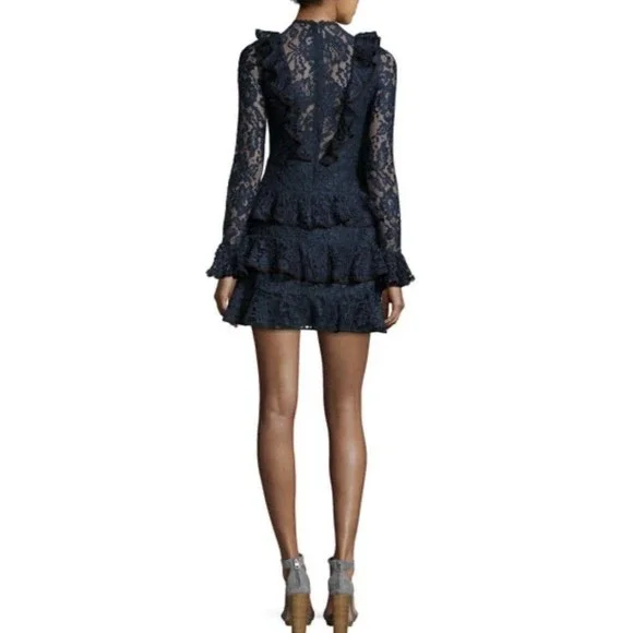 Alexis Tracie Long Sleeve Tiered Ruffled Lace Mini Dress In Navy Size S